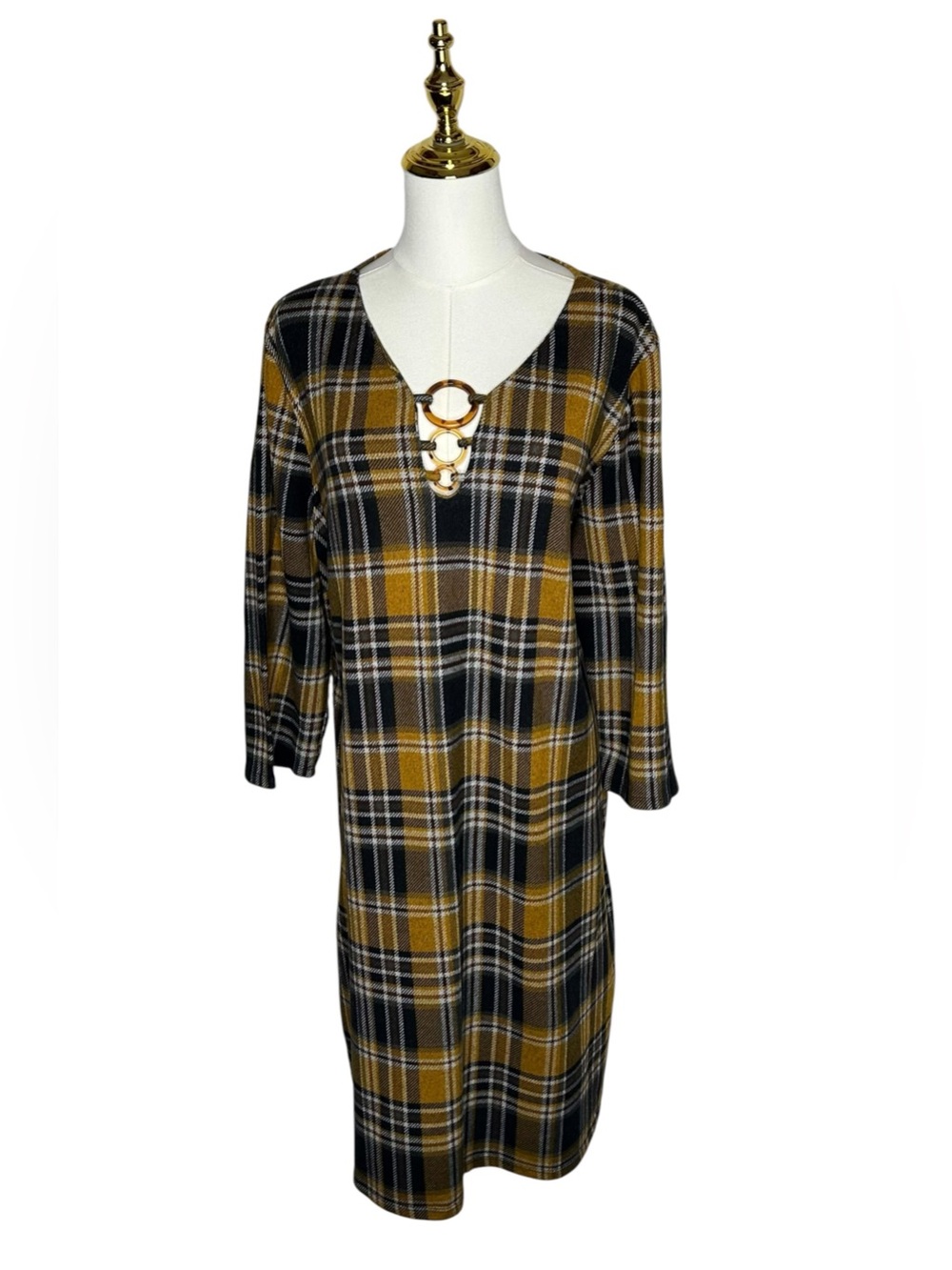 Tacera Cozy Autumn Mustard Black Plaid Flannel Dress Sz 2X Fall Dark Academia